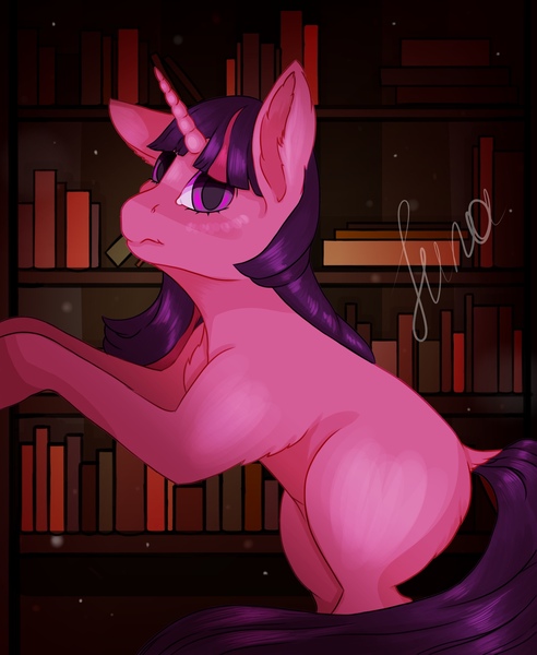 Size: 2500x3050 | Tagged: safe, artist:lunayourlife, derpibooru import, twilight sparkle, pony, unicorn, bookshelf, ear fluff, full body, g4, high res, image, jpeg, looking at you, searching, solo