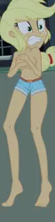 Size: 348x1407 | Tagged: suggestive, screencap, applejack, equestria girls, barefoot, belly button, belt, blonde hair, clothes, cowgirl, denim shorts, embarrassed, embarrassed nude exposure, feet, image, legs, night, nudity, partial nudity, png, ripped shorts, semi-nude, shorts, solo, topless, topless edit