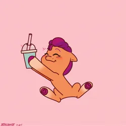 Size: 2048x2048 | Tagged: safe, artist:starburstuwu, derpibooru import, sunny starscout, earth pony, pony, g5, blushing, cute, drink, female, filly, filly sunny starscout, foal, image, jpeg, smiling, smoothie, younger