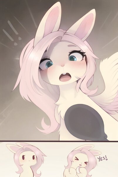 Size: 2500x3735 | Tagged: safe, artist:magnaluna, derpibooru import, fluttershy, rabbit, animal, blushing, bunnified, bunnisus, bunny ears, bunnyshy, cute, emanata, exclamation point, female, happy, image, jpeg, looking at you, mirror, one wing out, open mouth, solo, species swap, surprised, white coat, wings, yes