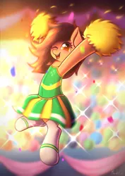 Size: 2894x4093 | Tagged: safe, artist:harukiicat, derpibooru import, oc, oc:robertapuddin, earth pony, pony, cheerleader, cheerleader outfit, clothes, image, jumping, one eye closed, png, pom pom, smiling, socks