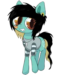 Size: 4500x5500 | Tagged: safe, artist:cactuscruncher, derpibooru import, ponified, pony, absurd resolution, bandaid, black mane, blue coat, brown eyes, clothes, david schmitt, derpibooru exclusive, disguise, disguised siren, dog tags, dyed mane, ear piercing, fangs, gauges, image, jewelry, looking at you, male, messy mane, messy tail, necklace, nose piercing, nose ring, piercing, png, pocket, raised hoof, rolled up sleeves, sharp teeth, shiny eyes, shirt, simple background, slit pupils, smiling, solo, stallion, standing, striped shirt, tail, teeth, transparent background