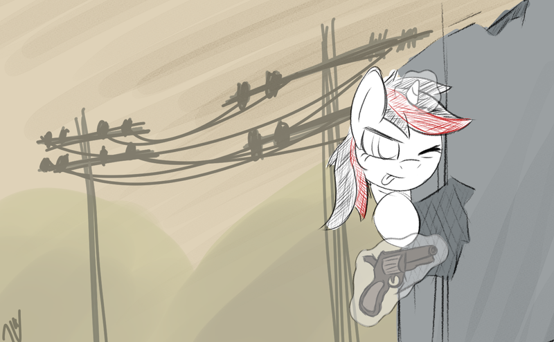 Size: 1600x990 | Tagged: safe, artist:nyrikiri, derpibooru import, oc, oc:blackjack, pony, unicorn, fallout equestria, fallout equestria: project horizons, aiming, fanfic art, female, gun, image, mare, png, power line, solo, wasteland, weapon