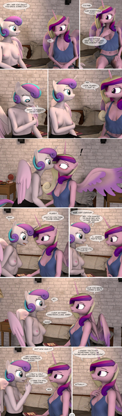 Size: 1440x4905 | Tagged: questionable, artist:spud, derpibooru import, princess cadance, princess flurry heart, alicorn, anthro, comic:caught, 3d, bed, bookshelf, breasts, clothes, comic, confused, dialogue, female, females only, flurrydance, g4, image, incest, infidelity, jpeg, kiss on the lips, kissing, lesbian, looking at each other, looking at someone, looking back, mother and child, mother and daughter, nipples, nudity, older, older flurry heart, on bed, partial nudity, picture frame, pointing, pointing at self, shipping, sitting, sitting on bed, smiling, smug, source filmmaker, speech bubble, surprise kiss, surprised, talking, topless, undressing