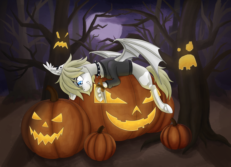 Size: 1920x1388 | Tagged: safe, artist:fess, derpibooru import, oc, oc:mey, unofficial characters only, bat pony, pony, undead, vampire, bat pony oc, bat wings, clothes, collar, commission, ear fluff, female, forest, forest background, halloween, holiday, image, jack-o-lantern, knife, mare, nature, night, nightmare night, png, pumpkin, selling, spread wings, sweater, tree, wings, ych result