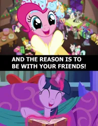 Size: 800x1029 | Tagged: safe, derpibooru import, edit, edited screencap, screencap, pinkie pie, spirit of hearth's warming presents, twilight sparkle, a hearth's warming tail, a christmas carol, ghost of christmas present, image, lyrics, pinkie's present, png, singing, text