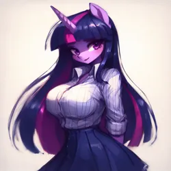 Size: 2048x2048 | Tagged: safe, ai content, derpibooru import, machine learning generated, prompter:krivovyaz, twilight sparkle, anthro, unicorn, g4, big breasts, breasts, busty twilight sparkle, clothes, female, generator:bing image creator, high res, image, png, shirt, skirt, solo