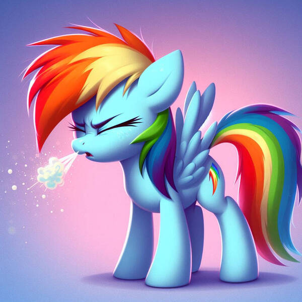 Size: 894x894 | Tagged: safe, derpibooru import, machine learning generated, rainbow dash, pegasus, ai content, comic, cute, eyes closed, generator:bing image creator, image, jpeg, minimalist, modern art, mucus, prompter:evergreenpinewood, simple background, sneeze cloud, sneezing, snot, spit, spread wings, wings