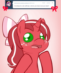 Size: 666x800 | Tagged: safe, artist:redintravenous, derpibooru import, oc, oc:red ribbon, pony, unicorn, animated, ask red ribbon, bow, female, gif, hair bow, image, mare, solo
