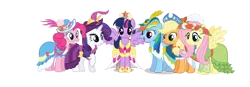 Size: 1280x446 | Tagged: safe, artist:sibillo, derpibooru import, applejack, fluttershy, pinkie pie, rainbow dash, rarity, twilight sparkle, twilight sparkle (alicorn), alicorn, magical mystery cure, clothes, coronation dress, dress, floral head wreath, flower, hat, image, mane six, png, spread wings, vector, wings