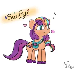 Size: 6193x5693 | Tagged: safe, artist:tiga mega, derpibooru import, sunny starscout, earth pony, pony, g5, absurd resolution, bag, blushing, colored hooves, female, heart, image, jpeg, looking away, messenger bag, music notes, name, pin, simple background, smiling, solo, standing, three quarter view, white background