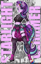 Size: 792x1224 | Tagged: safe, artist:inkkeystudios, derpibooru import, starlight glimmer, anthro, plantigrade anthro, unicorn, friendship is magic, bracelet, choker, clothes, ear piercing, edgy, emo, eye clipping through hair, eyebrows, eyebrows visible through hair, fingerless gloves, g4, gameloft, garter, gloves, goth, hairclip, hand on hip, image, looking at you, midriff, my little pony, piercing, png, punk, shoes, shorts, skindentation, sneakers, socks, spiked choker, spiked wristband, stockings, thigh highs, torn clothes, unamused, wristband