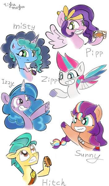 Size: 5400x9196 | Tagged: safe, artist:tiga mega, derpibooru import, hitch trailblazer, izzy moonbow, pipp petals, sunny starscout, zipp storm, earth pony, pegasus, pony, unicorn, g5, female, group, image, jpeg, male, mane stripe sunny, mare, misty brightdawn, simple background, stallion, traditional art, white background