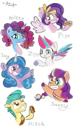 Size: 5400x9196 | Tagged: safe, alternate version, artist:tiga mega, derpibooru import, hitch trailblazer, izzy moonbow, pipp petals, sunny starscout, zipp storm, g5, image, jpeg, misty brightdawn