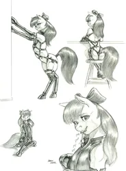 Size: 1000x1357 | Tagged: suggestive, artist:baron engel, derpibooru import, apple bloom, earth pony, pony, semi-anthro, butt, catsuit, female, g4, harness, image, jpeg, leather, mare, monochrome, pencil drawing, plot, tack, traditional art, zipper