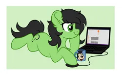 Size: 5100x3120 | Tagged: safe, artist:grelka, artist:vetta, derpibooru import, oc, oc:anonfilly, unofficial characters only, earth pony, pony, 2ch, chest fluff, collaboration, computer, computer mouse, female, filly, image, laptop computer, mickey mouse, mug, passepartout, png, prone, solo