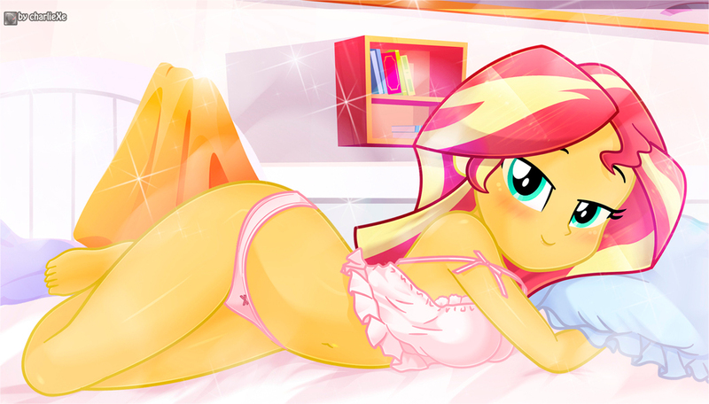 Size: 1041x593 | Tagged: suggestive, artist:charliexe, derpibooru import, sunset shimmer, equestria girls, ass, barefoot, bed, bedroom eyes, blanket, blushing, bra, breasts, butt, clothes, cute, feet, female, image, jpeg, looking at you, panties, pillow, pink underwear, shimmerbetes, solo, solo female, underwear