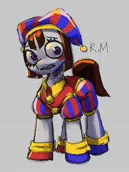 Size: 1299x1724 | Tagged: safe, artist:sugarpersonlove, derpibooru import, ponified, earth pony, pony, female, gray background, hat, image, jester, jester hat, jpeg, mare, pomni, simple background, solo, the amazing digital circus