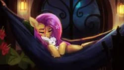 Size: 1920x1080 | Tagged: safe, artist:hierozaki, derpibooru import, angel bunny, fluttershy, pegasus, pony, rabbit, animal, commission, duo, female, hammock, hug, image, male, mare, png, sleeping, unshorn fetlocks