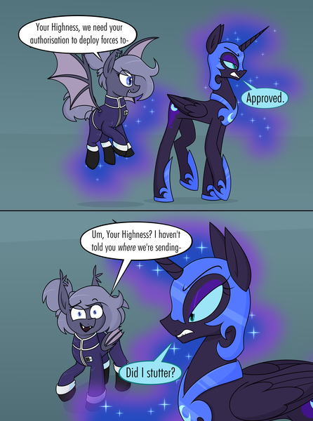 Size: 2653x3573 | Tagged: safe, artist:moonatik, derpibooru import, nightmare moon, oc, oc:selenite, alicorn, bat pony, pony, 2 panel comic, abstract background, alternate timeline, bat pony oc, bat wings, boots, clothes, comic, dialogue, eyeshadow, female, flying, gloves, hair bun, helmet, hoof shoes, image, makeup, mare, military pony, military uniform, new lunar millennium, nightmare takeover timeline, peytral, png, princess shoes, shoes, spread wings, tail, tail bun, uniform, wings