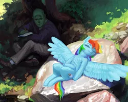 Size: 2000x1600 | Tagged: safe, artist:redruin01, derpibooru import, rainbow dash, oc, oc:anon, human, pegasus, pony, /mlp/, 4chan, chest fluff, drawing, drawthread, duo, eyes closed, female, g4, human shoulders, image, looking at someone, lying down, mare, notebook, on back, painterly, png, relaxing, request, sitting, sleeping, spread wings, sunbathing, sunning, wings