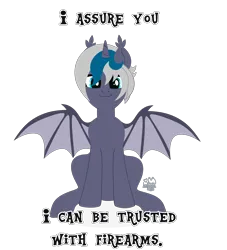 Size: 3000x3300 | Tagged: safe, artist:zakypo, derpibooru import, oc, oc:elizabat stormfeather, unofficial characters only, alicorn, bat pony, bat pony alicorn, pony, alicorn oc, bat pony oc, bat wings, blatant lies, commission, derpibooru exclusive, female, gun, handgun, horn, image, looking at you, mare, meme, png, simple background, sitting, solo, transparent background, weapon, wings, ych result