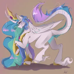 Size: 1378x1378 | Tagged: safe, artist:ventileitorr, derpibooru import, princess celestia, alicorn, pony, curved horn, female, horn, image, jewelry, jpeg, mare, regalia, simple background, solo, tan background, unshorn fetlocks