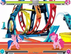Size: 1080x810 | Tagged: safe, artist:tom artista, derpibooru import, firefly, pinkie pie, rainbow dash, earth pony, pegasus, pony, fighting is magic, g1, animated, bipedal, car, crossover, fan game, hot wheels, image, jpeg, loop, new, stage, track