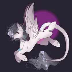 Size: 1378x1378 | Tagged: safe, artist:ventileitorr, derpibooru import, oc, unofficial characters only, pegasus, pony, dark background, flying, image, jpeg, leonine tail, simple background, solo, tail
