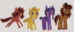 Size: 1432x619 | Tagged: safe, artist:spaceboycelebration, derpibooru import, ponified, earth pony, pegasus, pony, unicorn, alternate universe, bonnie (fnaf), chica, crossover, five nights at freddy's, foxy, freddy fazbear, gray background, group, image, png, quartet, simple background