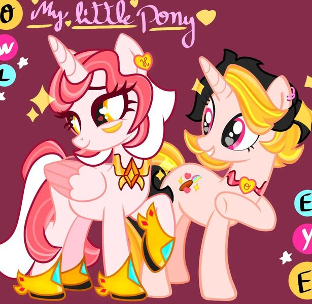 Size: 1080x1054 | Tagged: safe, artist:owleye.draw, derpibooru import, oc, oc:hana, oc:oriana, ponified, unofficial characters only, alicorn, pony, unicorn, duo, duo female, ear piercing, earring, female, hoof shoes, image, jewelry, jpeg, mare, non-mlp oc, peytral, piercing