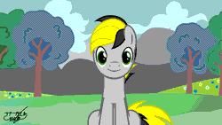 Size: 5333x3000 | Tagged: safe, artist:gabriel18017, derpibooru import, oc, oc:lightpeace, unofficial characters only, earth pony, pony, animated, background, blinking, commission, gif, image, licking, licking the fourth wall, tongue out, tree