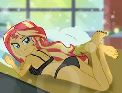 Size: 7536x5760 | Tagged: suggestive, artist:emeraldblast63, derpibooru import, sunset shimmer, equestria girls, bed, bra, clothes, image, panties, pillow, png, stupid sexy sunset shimmer, underwear