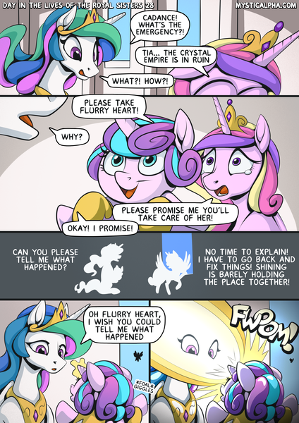 Size: 2171x3070 | Tagged: safe, artist:mysticalpha, derpibooru import, princess cadance, princess celestia, princess flurry heart, alicorn, pony, comic:day in the lives of the royal sisters, baby, baby pony, blast, comic, crown, dialogue, female, filly, flurry heart ruins everything, foal, g4, glow, glowing horn, high res, horn, image, jewelry, magic, magic blast, mare, meme, onomatopoeia, png, regalia, sound effects, speech bubble, teary eyes, trio