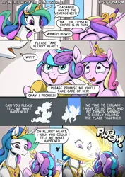 Size: 2171x3070 | Tagged: safe, artist:mysticalpha, derpibooru import, princess cadance, princess celestia, princess flurry heart, alicorn, pony, comic:day in the lives of the royal sisters, baby, baby pony, blast, comic, crown, dialogue, female, filly, flurry heart ruins everything, foal, g4, glow, glowing horn, high res, horn, image, jewelry, magic, magic blast, mare, meme, onomatopoeia, png, regalia, sound effects, speech bubble, teary eyes, trio