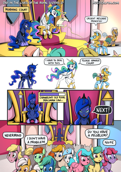 Size: 2171x3070 | Tagged: safe, artist:mysticalpha, derpibooru import, princess celestia, princess luna, alicorn, earth pony, pegasus, pony, unicorn, comic:day in the lives of the royal sisters, g4, comic, dialogue, female, high res, image, leaving, levitation, magic, male, mare, png, royal guard, scroll, sitting, speech bubble, stallion, telekinesis, throne, throne room, traditional royal canterlot voice