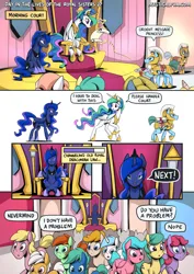 Size: 2171x3070 | Tagged: safe, artist:mysticalpha, derpibooru import, princess celestia, princess luna, alicorn, earth pony, pegasus, pony, unicorn, comic:day in the lives of the royal sisters, comic, dialogue, female, g4, high res, image, leaving, levitation, magic, male, mare, png, royal guard, scroll, sitting, speech bubble, stallion, telekinesis, throne, throne room, traditional royal canterlot voice