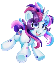 Size: 1631x1904 | Tagged: safe, artist:partypievt, derpibooru import, oc, oc:party pie, unofficial characters only, pony, unicorn, body markings, eyebrows, eyebrows visible through hair, eyelashes, facial markings, female, frog (hoof), high res, image, in air, jumping, looking at you, mare, png, ponytail, simple background, solo, underhoof