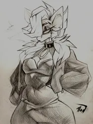 Size: 1536x2048 | Tagged: safe, artist:tlen borowski, derpibooru import, oc, oc:tlen borowski, unofficial characters only, anthro, breasts, cigarette, cigarette smoke, cleavage, clothes, collar, collar ring, dress, ear piercing, hair over one eye, hands in pocket, image, jacket, jpeg, notched eyebrow, piercing, smoking, solo