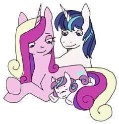 Size: 705x735 | Tagged: safe, artist:emptygoldstudio, derpibooru import, princess cadance, princess flurry heart, shining armor, pony, unicorn, baby, baby pony, family, female, filly, foal, image, lidded eyes, lying down, male, mare, png, prone, race swap, shiningcadance, shipping, simple background, smiling, stallion, straight, transparent background, trio, unicorn cadance, unicorn flurry heart