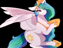 Size: 1396x1080 | Tagged: safe, artist:symphstudio, derpibooru import, princess celestia, alicorn, pony, black background, eye clipping through hair, eyebrows, eyebrows visible through hair, female, floppy ears, image, jpeg, lidded eyes, mare, simple background, smiling, solo