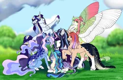 Size: 1280x827 | Tagged: safe, artist:malinraf1615, derpibooru import, oc, oc:dripping merona, oc:elusive mirage, oc:space-time continuum, unofficial characters only, earth pony, pegasus, pony, unicorn, commission, female, image, magical lesbian spawn, mare, offspring, parent:starlight glimmer, parent:sunburst, parent:trixie, parent:twilight sparkle, parents:startrix, parents:twiburst, png, spread wings, wings