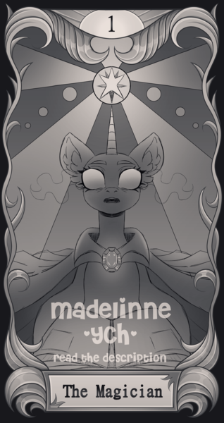 Size: 2500x4710 | Tagged: safe, artist:madelinne, derpibooru import, oc, unicorn, book, commission, horn, image, magic, png, sketch, solo, tarot, tarot card, unicorn oc, your character here