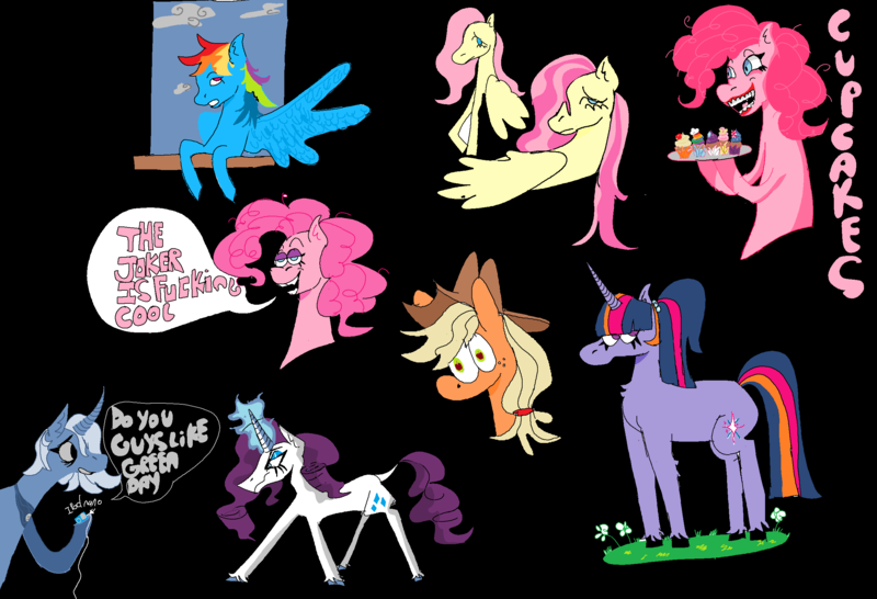 Size: 2548x1740 | Tagged: safe, artist:corywoz001, derpibooru import, applejack, fluttershy, pinkie pie, rainbow dash, rarity, trixie, twilight sparkle, earth pony, pegasus, pony, unicorn, black background, cupcake, dialogue, faic, food, glow, glowing horn, horn, image, mane six, mp3 player, png, simple background, speech bubble, vulgar