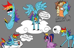 Size: 1224x796 | Tagged: safe, artist:corywoz001, derpibooru import, applejack, rainbow dash, twilight sparkle, twilight sparkle (alicorn), alicorn, earth pony, pegasus, pony, appledash, cloud, crown, dialogue, diary, female, gray background, grin, image, jewelry, lesbian, lidded eyes, looking down, mare, pencil, png, readin, regalia, shipping, simple background, smiling, speech bubble, thought bubble