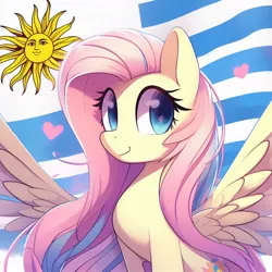 Size: 1024x1024 | Tagged: safe, derpibooru import, machine learning generated, fluttershy, pegasus, ai content, country, flag, g4, generator:bing image creator, heart, image, jpeg, pink hair, simple background, solo, uruguay