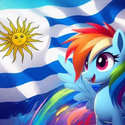Size: 1024x1024 | Tagged: safe, derpibooru import, machine learning generated, rainbow dash, pegasus, ai content, country, flag, g4, generator:bing image creator, image, jpeg, simple background, smiling, solo, uruguay
