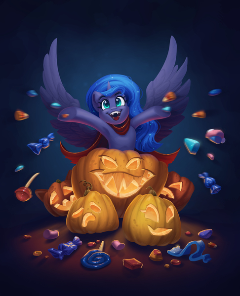 Size: 3062x3778 | Tagged: safe, artist:amishy, derpibooru import, princess luna, alicorn, pony, candy, clothes, costume, female, food, gradient background, halloween, halloween costume, holiday, image, jack-o-lantern, jpeg, mare, open mouth, open smile, print, pumpkin, smiling, solo, spread hooves, spread wings, vampire costume, wings