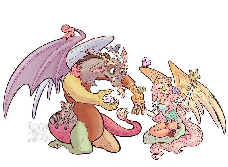 Size: 1080x793 | Tagged: safe, artist:garden, derpibooru import, discord, fluttershy, bird, butterfly, fox, insect, raccoon, animal, antlers, beauty and the beast, discoshy, female, horn, image, interspecies, jpeg, male, reference to another series, shipping, signature, spread wings, straight, wings