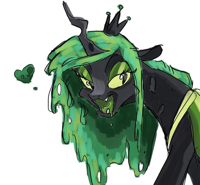 Size: 1706x1577 | Tagged: safe, artist:mayugraffiti, derpibooru import, queen chrysalis, changeling, changeling queen, female, heart, image, jpeg, lidded eyes, looking at you, open mouth, simple background, solo, white background